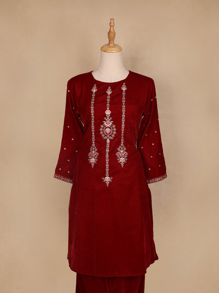 Dark Red Floral Designed Velvet Co Ord Salwar Suit - Diadem