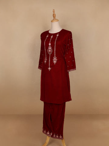 Dark Red Floral Designed Velvet Co Ord Salwar Suit - Diadem