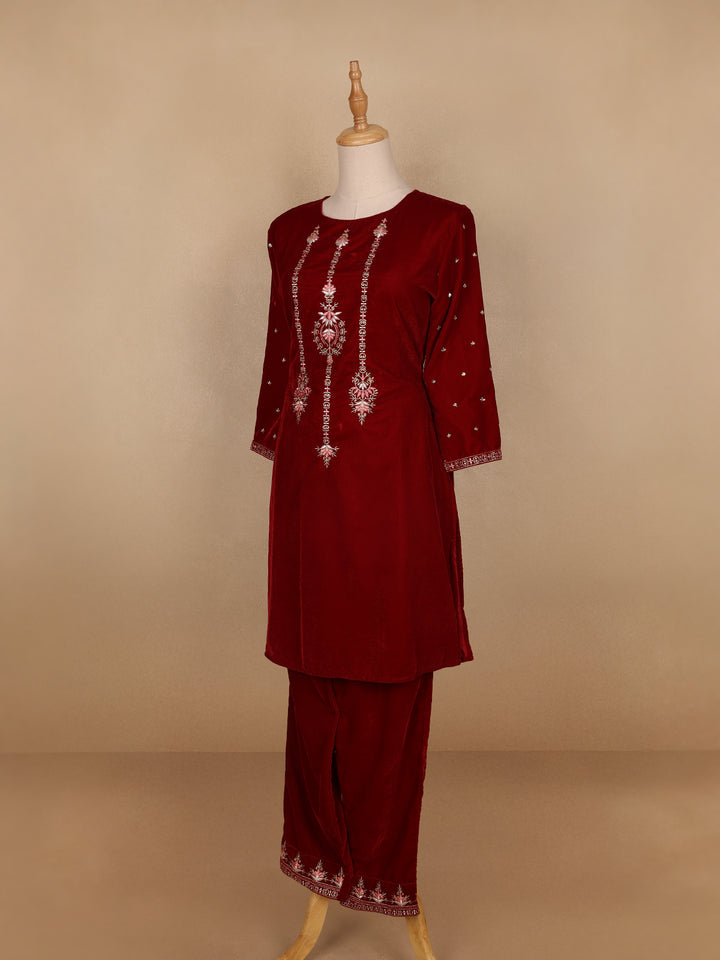 Dark Red Floral Designed Velvet Co Ord Salwar Suit - Diadem