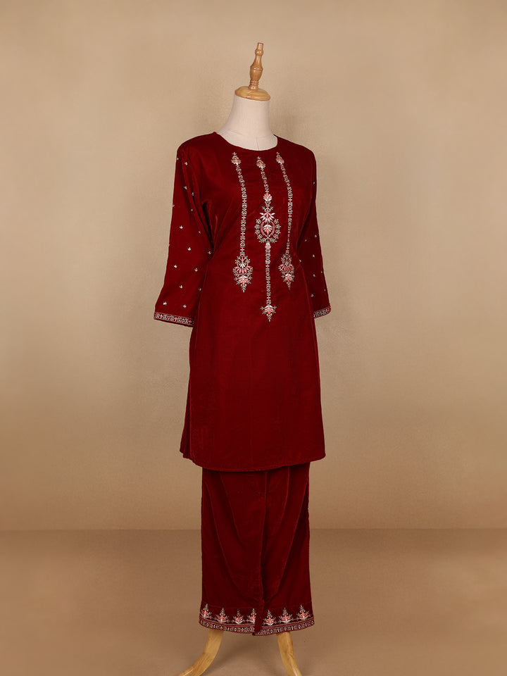Dark Red Floral Designed Velvet Co Ord Salwar Suit - Diadem