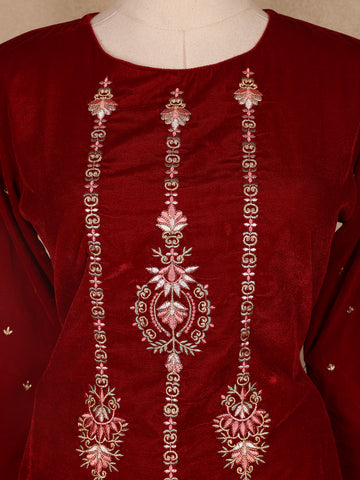 Dark Red Floral Designed Velvet Co Ord Salwar Suit - Diadem