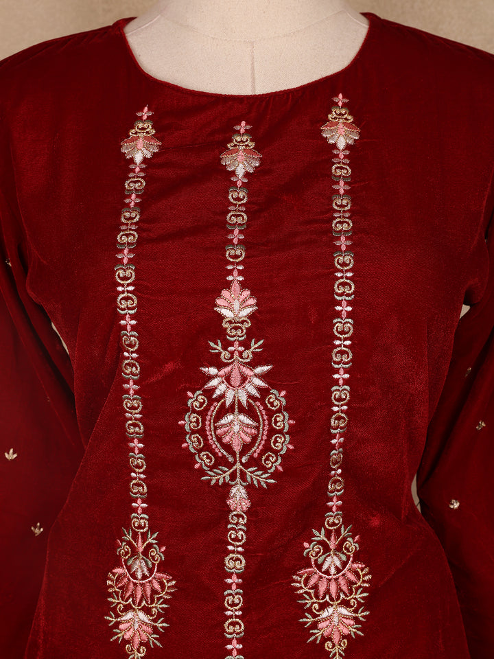 Dark Red Floral Designed Velvet Co Ord Salwar Suit - Diadem