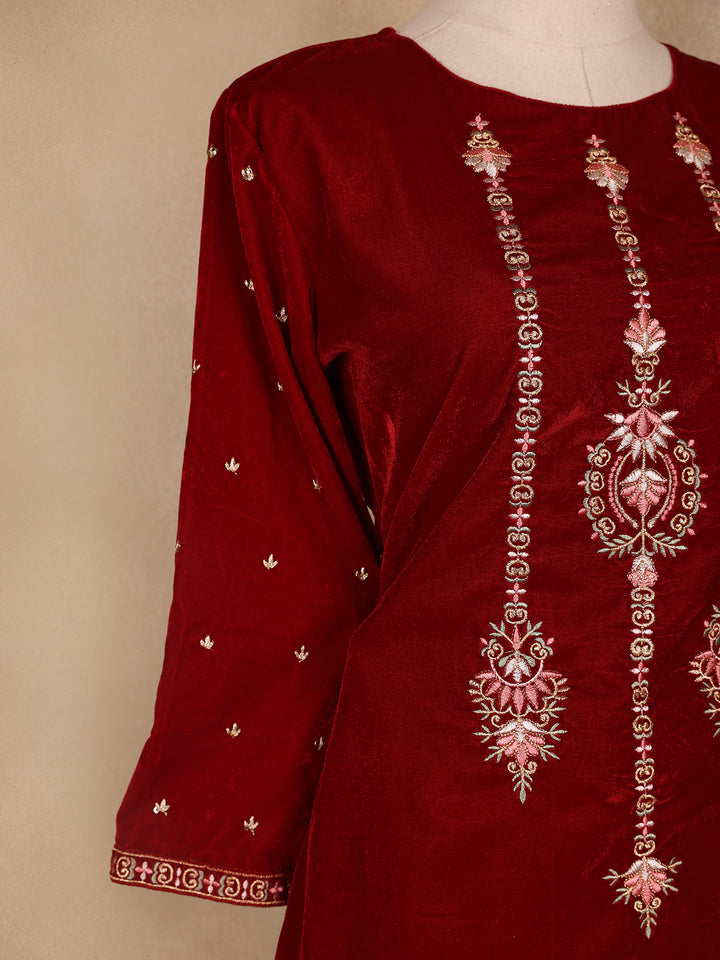 Dark Red Floral Designed Velvet Co Ord Salwar Suit - Diadem
