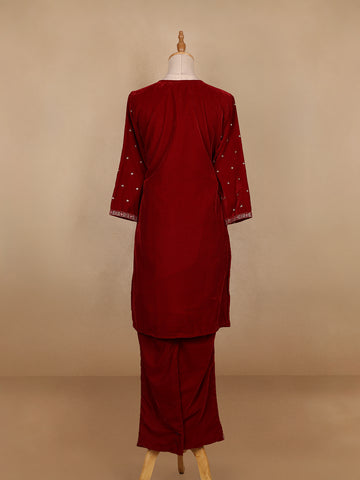 Dark Red Floral Designed Velvet Co Ord Salwar Suit - Diadem