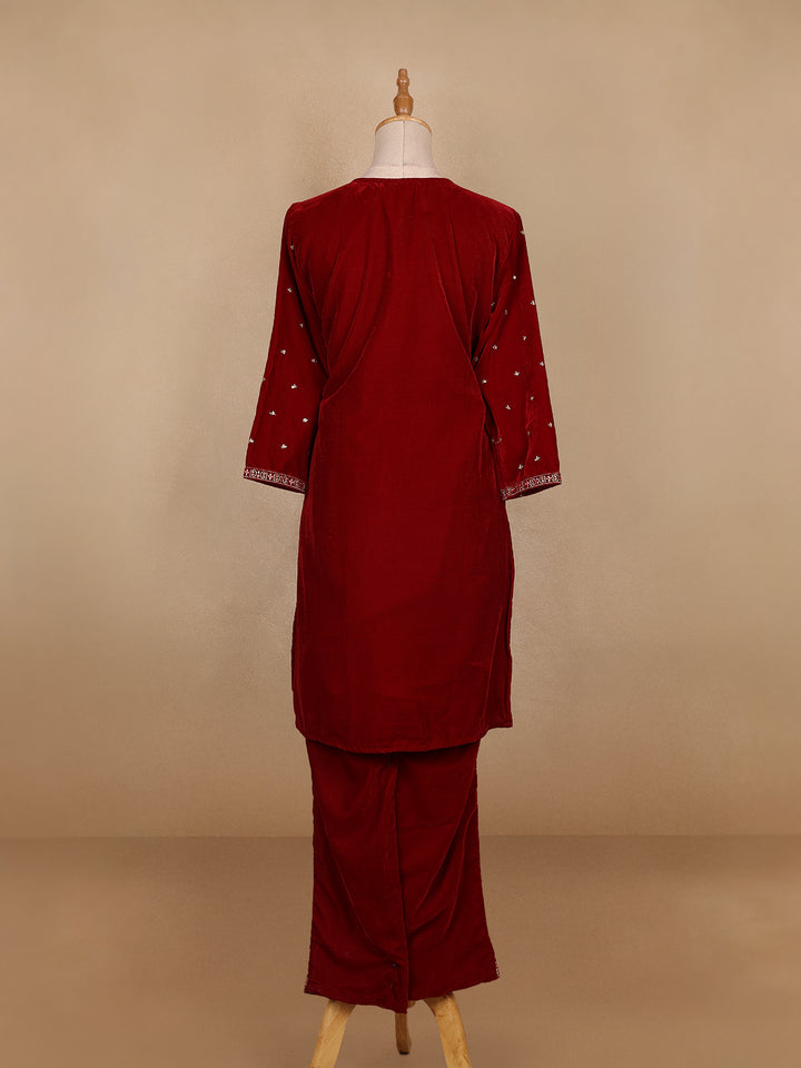 Dark Red Floral Designed Velvet Co Ord Salwar Suit - Diadem