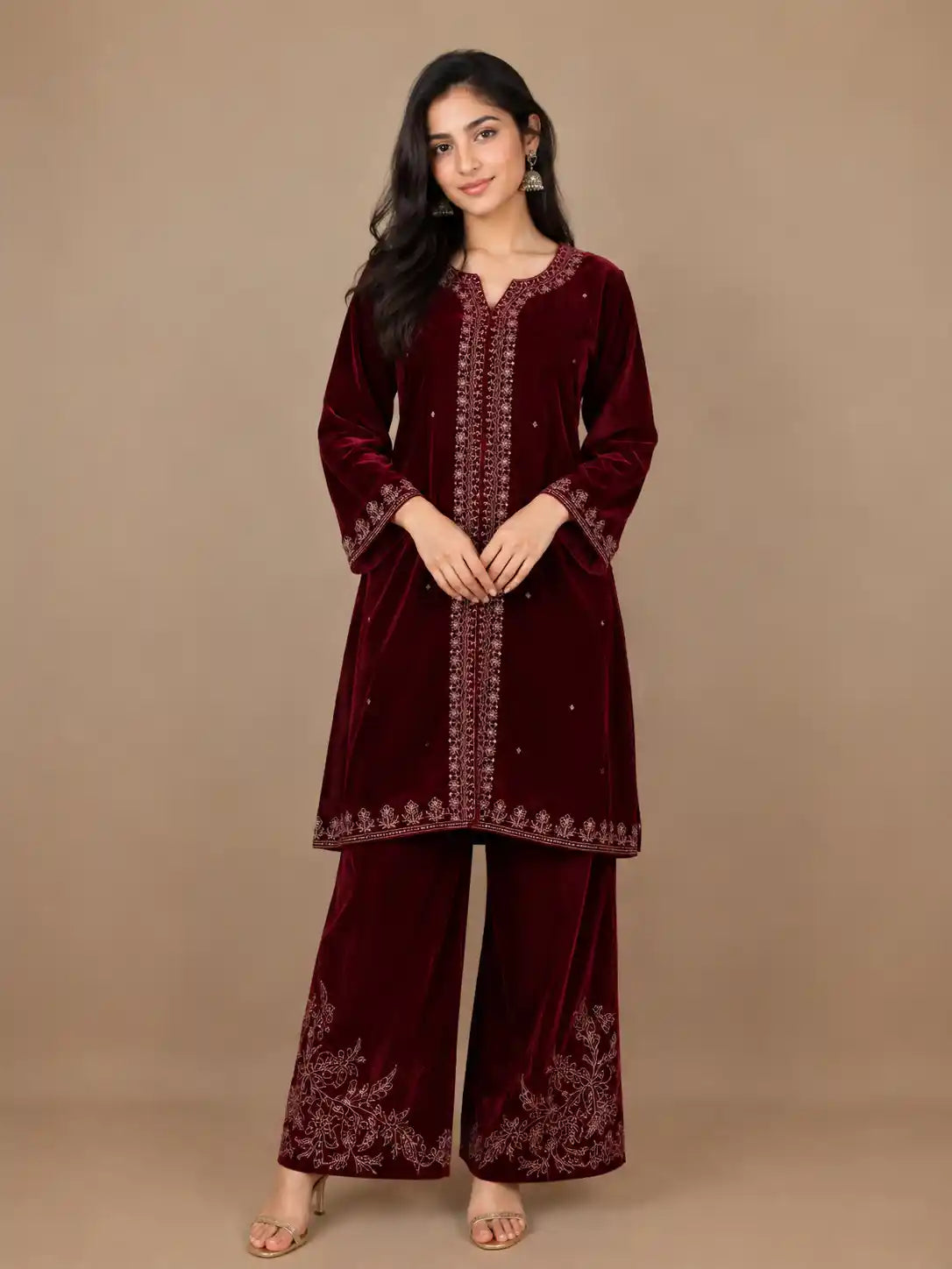 Dark Red Floral Designed Velvet Co Ord Salwar Suit