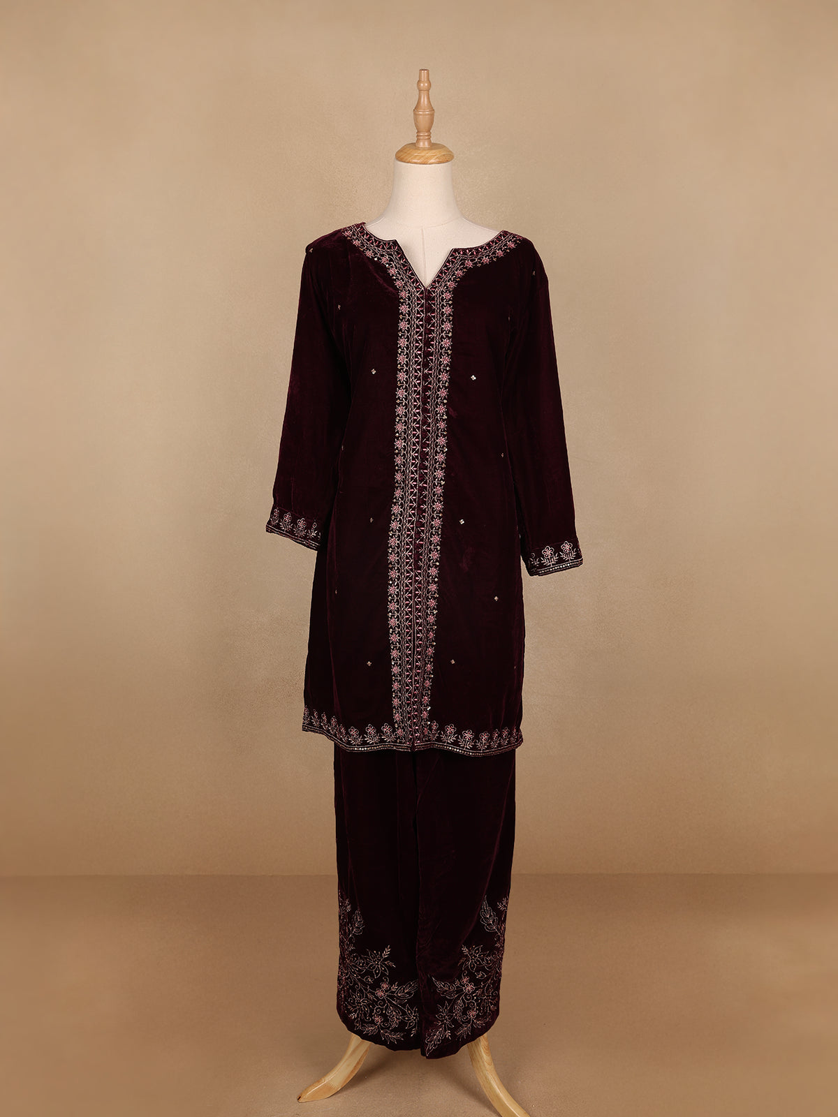 Dark Red Floral Designed Velvet Co Ord Salwar Suit - Diadem