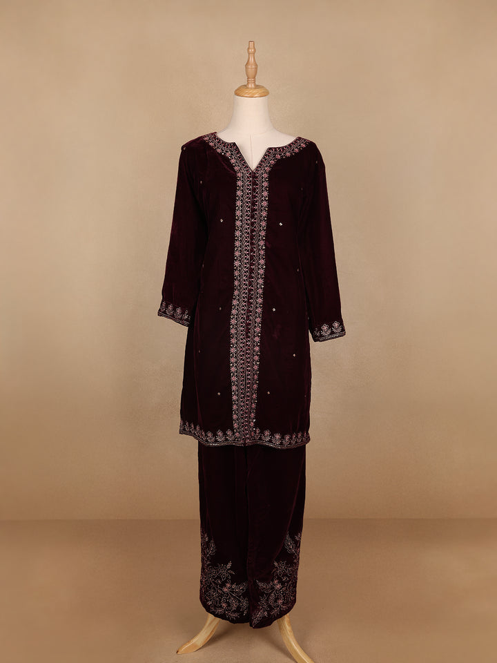 Dark Red Floral Designed Velvet Co Ord Salwar Suit - Diadem