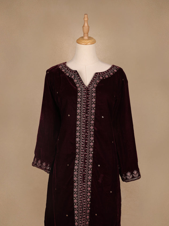 Dark Red Floral Designed Velvet Co Ord Salwar Suit - Diadem