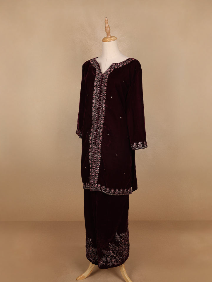 Dark Red Floral Designed Velvet Co Ord Salwar Suit - Diadem