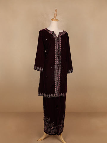 Dark Red Floral Designed Velvet Co Ord Salwar Suit - Diadem