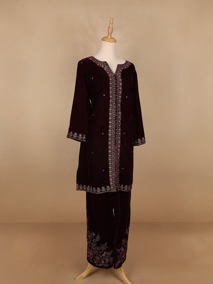 Dark Red Floral Designed Velvet Co Ord Salwar Suit - Diadem