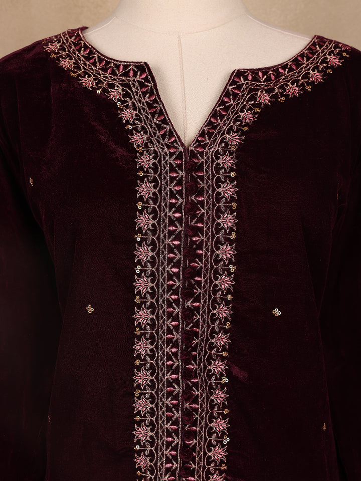 Dark Red Floral Designed Velvet Co Ord Salwar Suit - Diadem