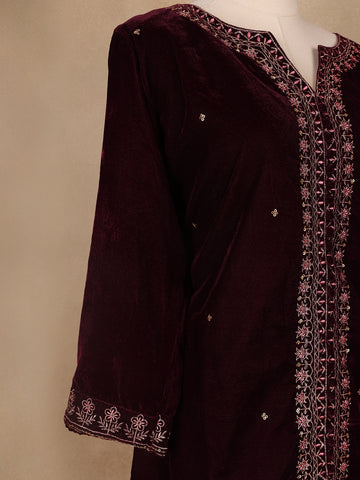 Dark Red Floral Designed Velvet Co Ord Salwar Suit - Diadem