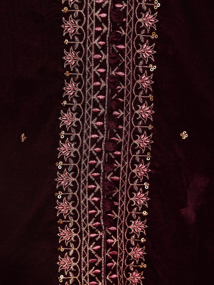 Dark Red Floral Designed Velvet Co Ord Salwar Suit - Diadem