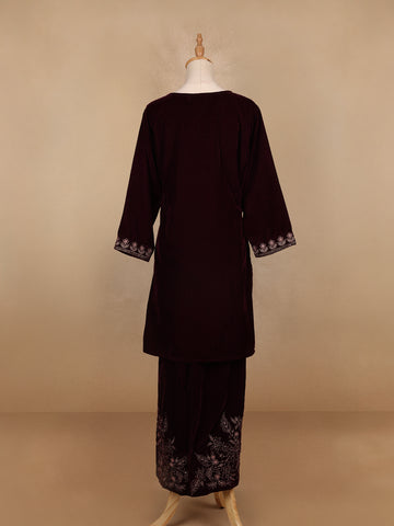 Dark Red Floral Designed Velvet Co Ord Salwar Suit - Diadem