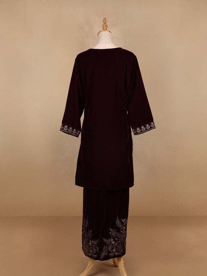 Dark Red Floral Designed Velvet Co Ord Salwar Suit - Diadem