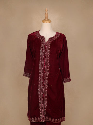 Dark Red Floral Designed Velvet Co Ord Salwar Suit - Diadem