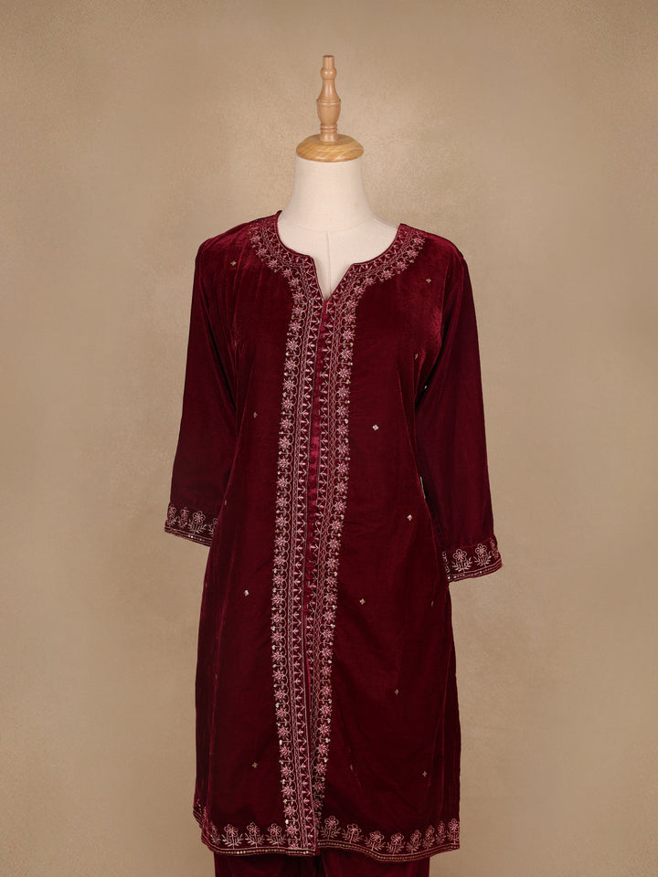 Dark Red Floral Designed Velvet Co Ord Salwar Suit - Diadem