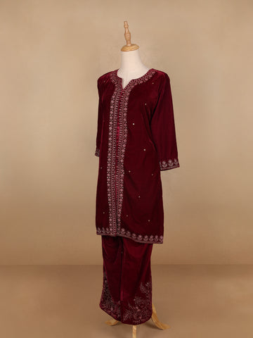 Dark Red Floral Designed Velvet Co Ord Salwar Suit - Diadem
