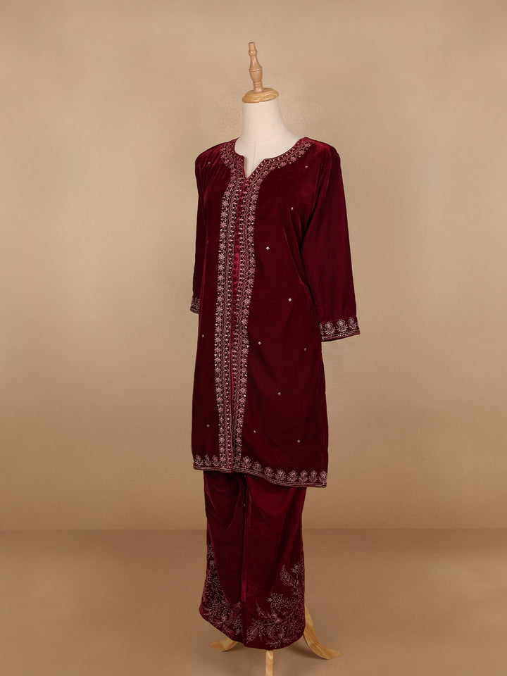Dark Red Floral Designed Velvet Co Ord Salwar Suit - Diadem