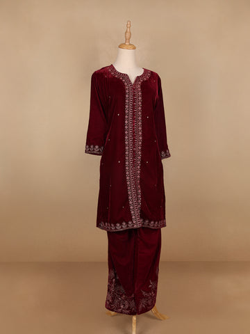 Dark Red Floral Designed Velvet Co Ord Salwar Suit - Diadem