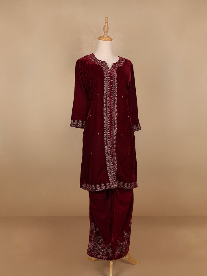Dark Red Floral Designed Velvet Co Ord Salwar Suit - Diadem