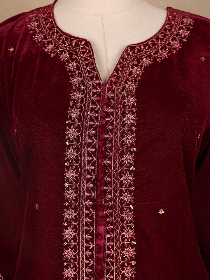 Dark Red Floral Designed Velvet Co Ord Salwar Suit - Diadem