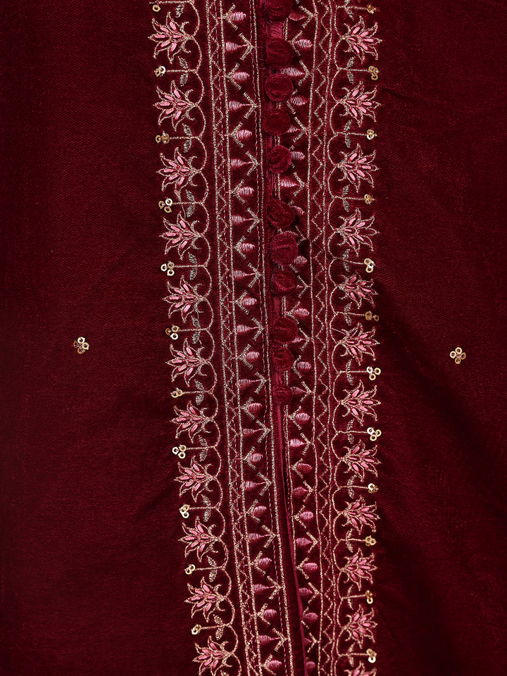 Dark Red Floral Designed Velvet Co Ord Salwar Suit - Diadem