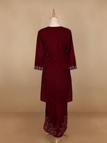 Dark Red Floral Designed Velvet Co Ord Salwar Suit - Diadem