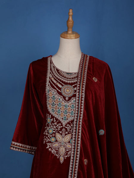Dark Red Floral Designed Velvet Salwar Suit - Diadem