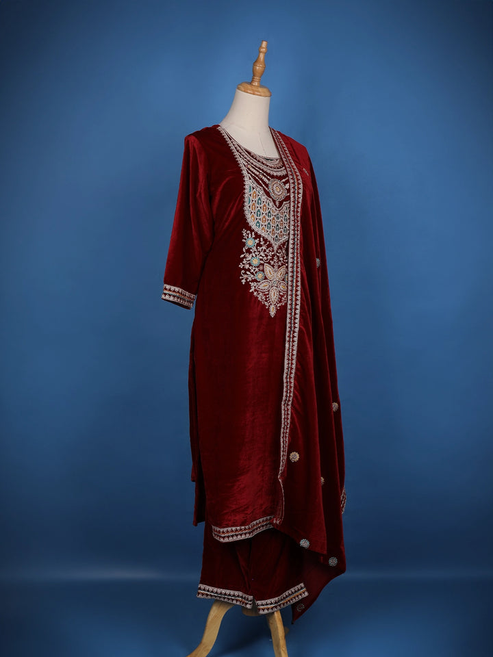 Dark Red Floral Designed Velvet Salwar Suit - Diadem