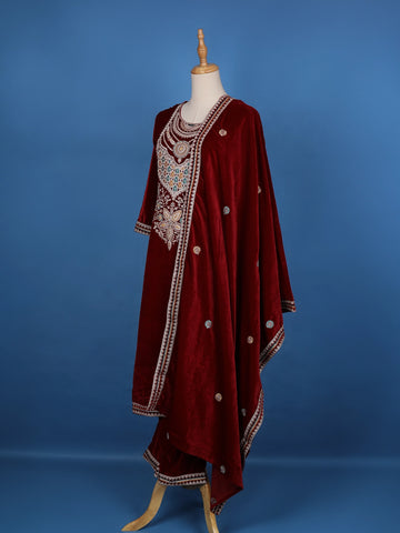 Dark Red Floral Designed Velvet Salwar Suit - Diadem