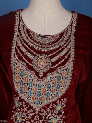 Dark Red Floral Designed Velvet Salwar Suit - Diadem
