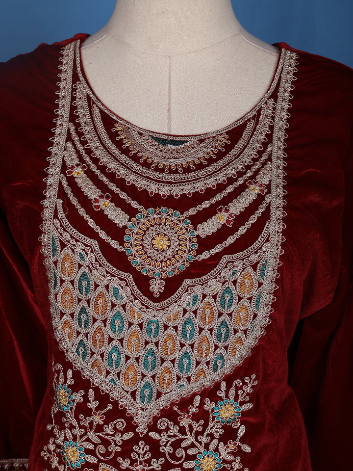 Dark Red Floral Designed Velvet Salwar Suit - Diadem
