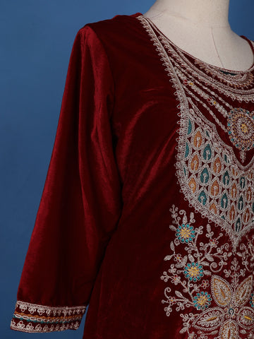 Dark Red Floral Designed Velvet Salwar Suit - Diadem