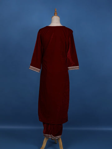 Dark Red Floral Designed Velvet Salwar Suit - Diadem