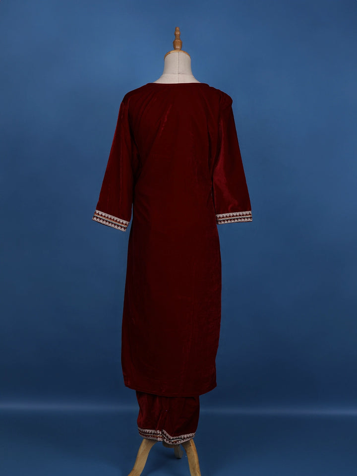 Dark Red Floral Designed Velvet Salwar Suit - Diadem