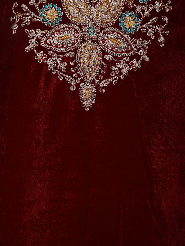 Dark Red Floral Designed Velvet Salwar Suit - Diadem