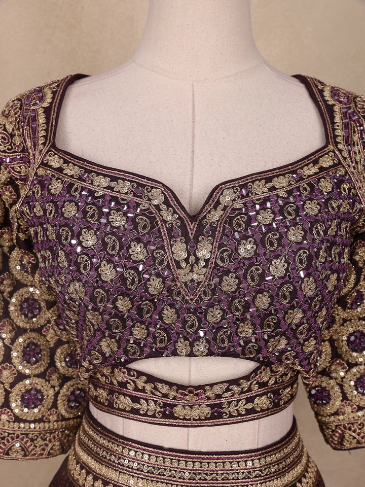 Dark Red Floral Embroidered Semi Silk Lehenga for Brides - Diadem