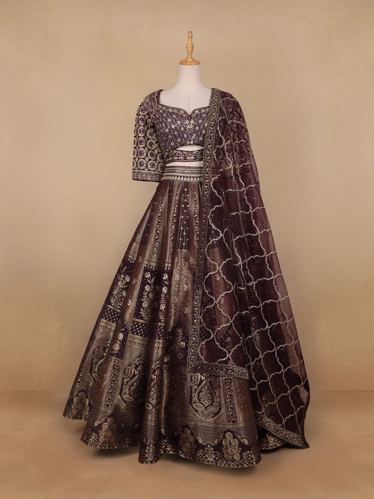 Dark Red Floral Embroidered Semi Silk Lehenga for Brides - Diadem