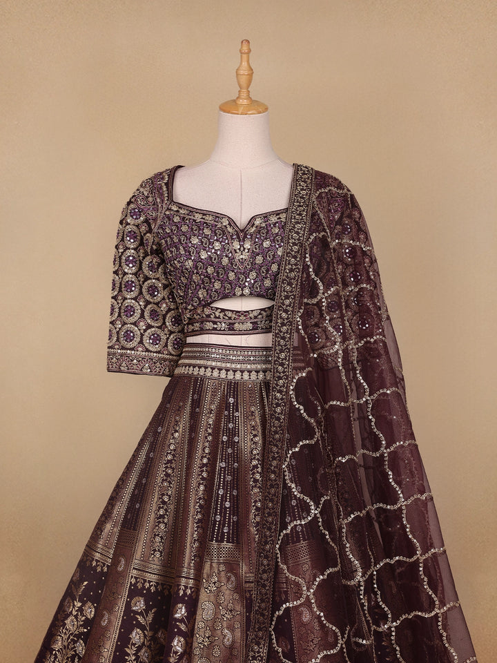 Dark Red Floral Embroidered Semi Silk Lehenga for Brides - Diadem