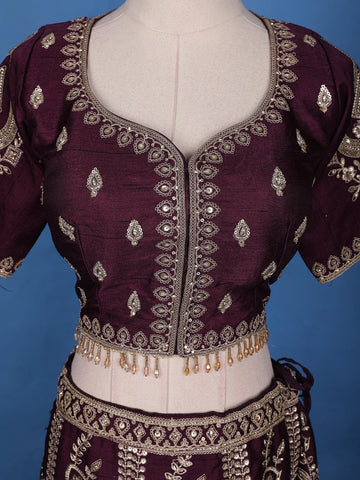 Dark Red Floral Embroidery Bridesmaid Raw Silk Lehenga - Diadem