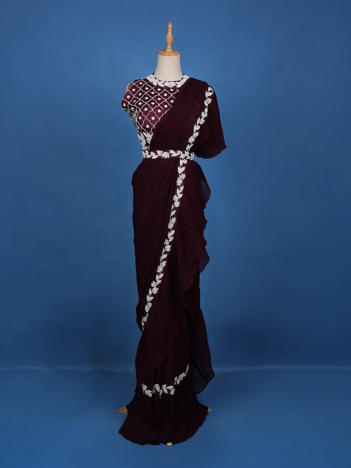Dark Red Floral Embroidery Crepe Silk Ready To Wear Saree with Designer Blouse - Diadem