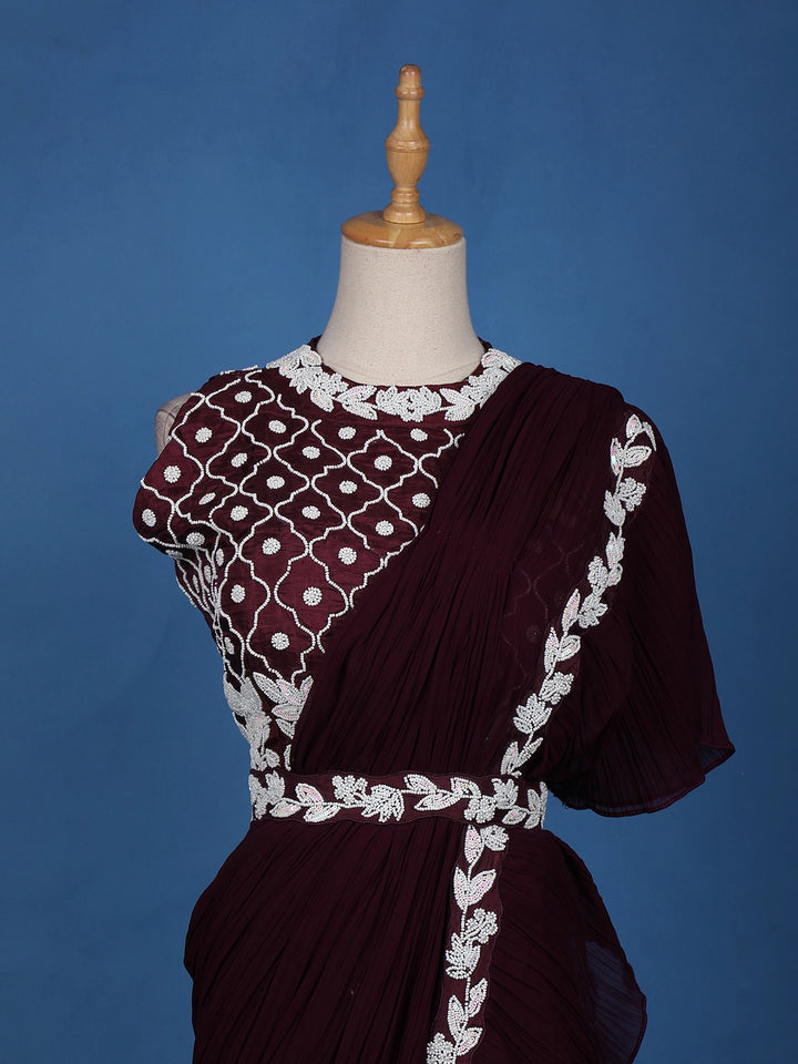 Dark Red Floral Embroidery Crepe Silk Ready To Wear Saree with Designer Blouse - Diadem