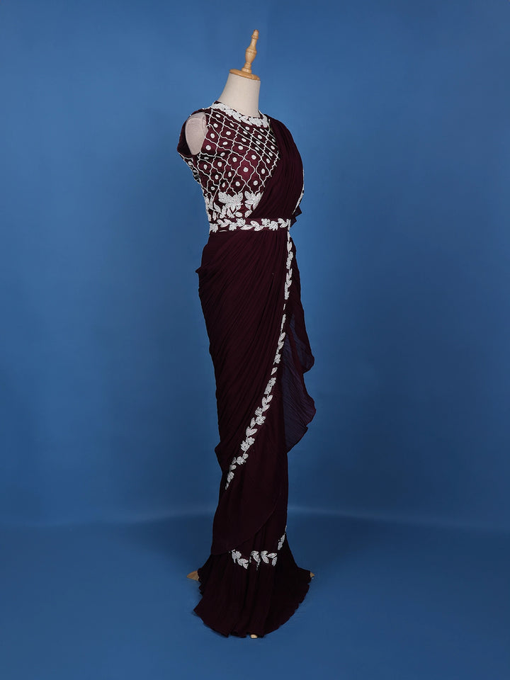 Dark Red Floral Embroidery Crepe Silk Ready To Wear Saree with Designer Blouse - Diadem
