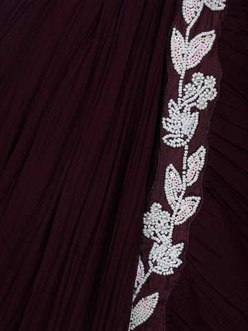 Dark Red Floral Embroidery Crepe Silk Ready To Wear Saree with Designer Blouse - Diadem