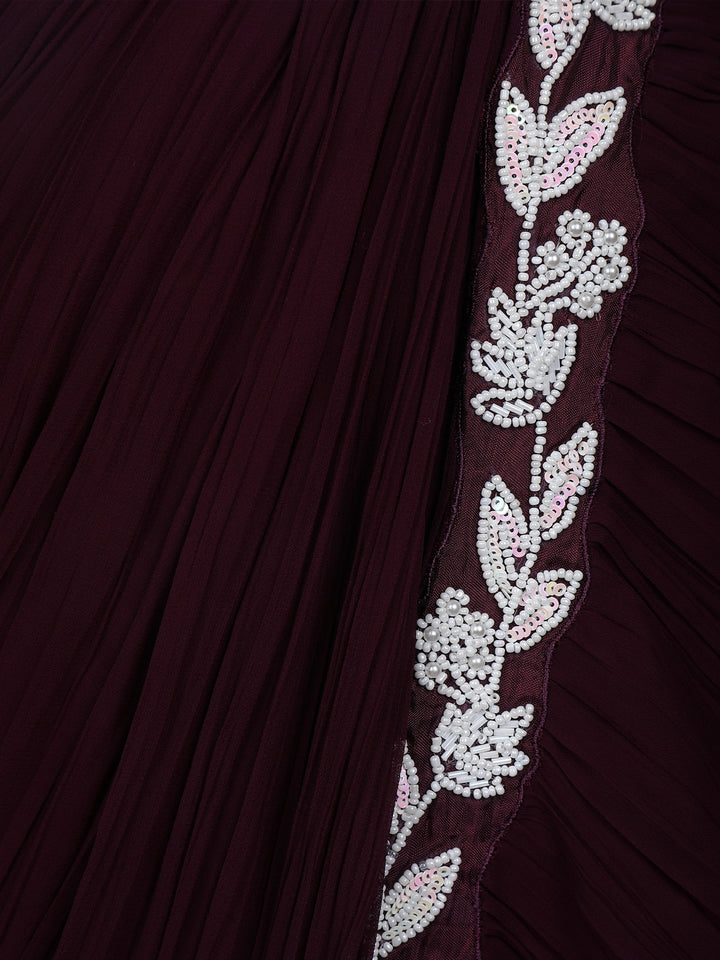 Dark Red Floral Embroidery Crepe Silk Ready To Wear Saree with Designer Blouse - Diadem