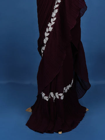 Dark Red Floral Embroidery Crepe Silk Ready To Wear Saree with Designer Blouse - Diadem