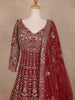 Dark Red Floral Embroidery Net Bridal Gown - Diadem